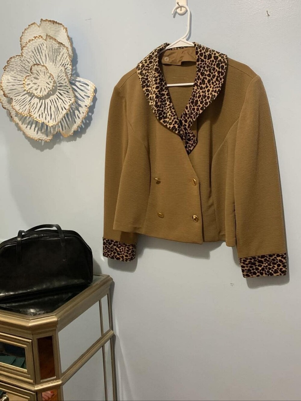 Joseph Ribkoff Women's Camel Double-Breasted Jacket with Leopard Trim